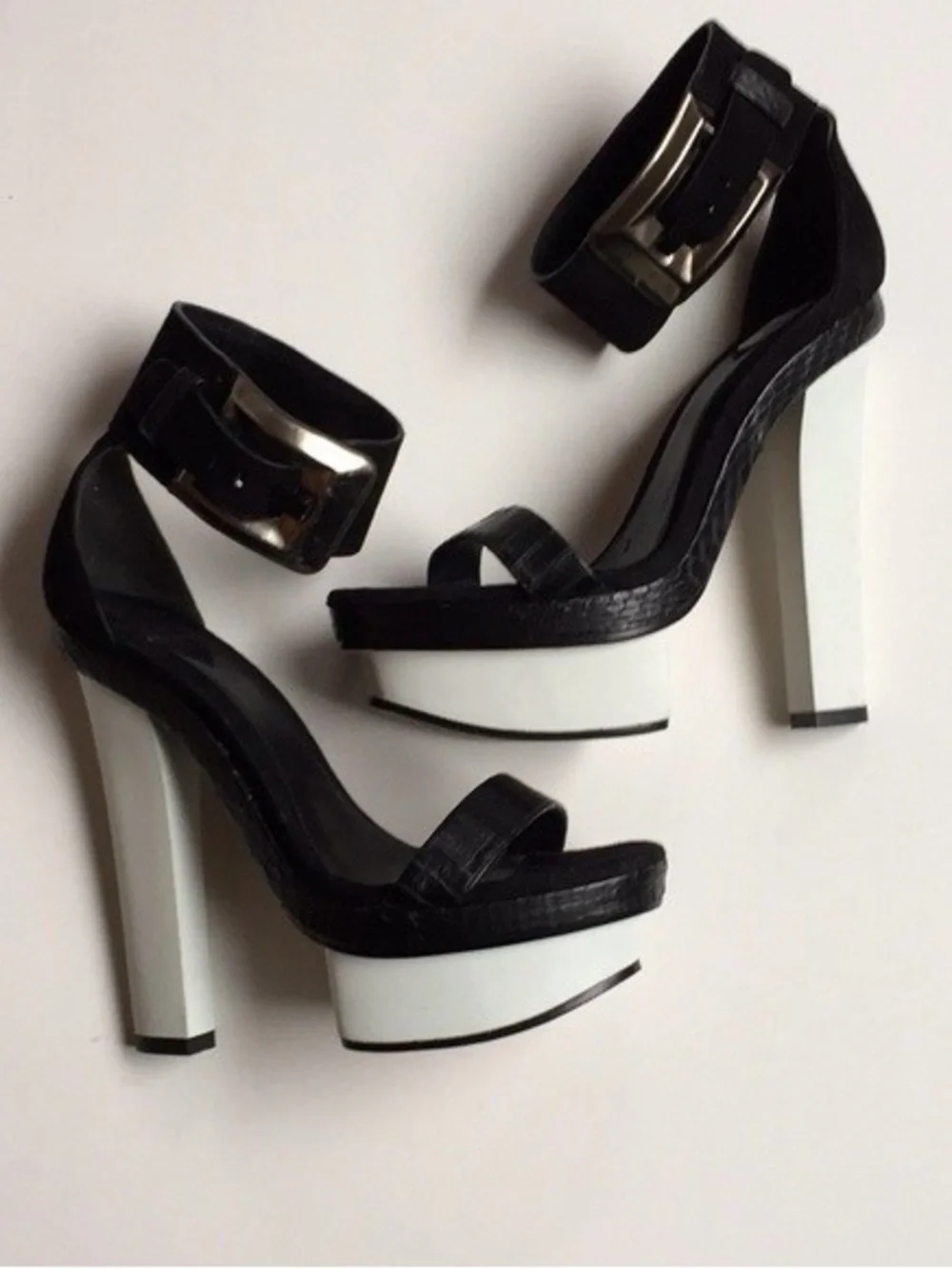 Brian Atwood Black Platform Ankle-Strap Sandals with Floral Embellishments